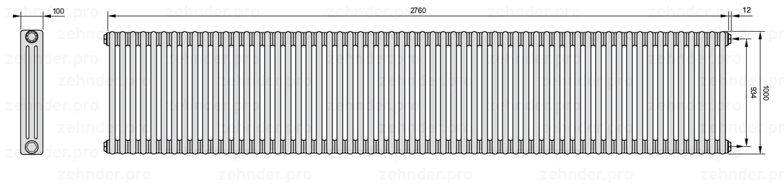 Схема (чертеж) Радиатор Zehnder Charleston 3100/60 №7610 Белый глянцевый RAL 9016